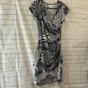 Janine London Paris New York Black White Faux Wrap Dress SZ S